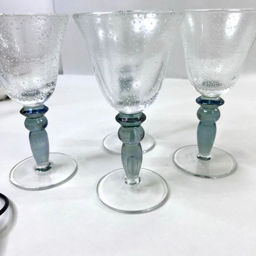 Pottery Barn Bubble Wine Glasses Aqua Green Stem Goblets Set of 4‎